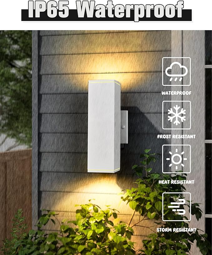 Ken & Ricky Outdoor Wall Light Fixture,Exterior Lighting Fixtures,Modern Sconce Lights for Porch Patio Garage Front Door (White,Square,No Sensor,2PK)