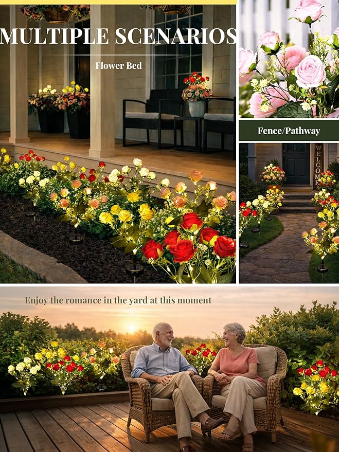 GIGALUMI Solar Lights Outdoor for Garden Decor, 4 Pack Solar Flower Lights Waterproof, 2 Lighting Modes 28 Rose Flowers for Pathway,Yard, Patio Decoration, Gardening Gifts for Women (Multi-Colored)