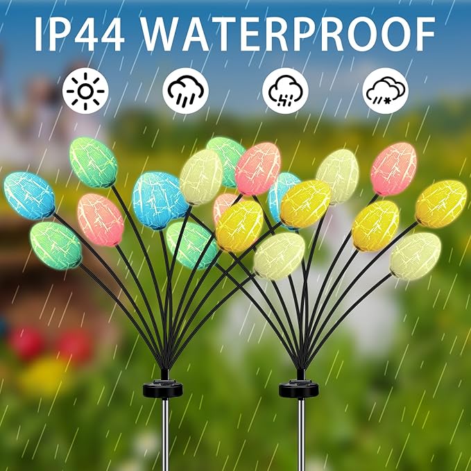 Baquler 6 Pack 60 LED Easter Eggs Solar Lights Outdoor Waterproof Solar Firefly Outdoor Easter Lights with Stake for Yard Garden Path Lawn Party Patio Pathway Decorations