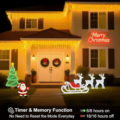 LED Icicle Lights for Outdoor Christmas Decorations,39.4Ft 400 LEDs Christmas Fairy Light with Timer&Memory Function,8 Lighting Modes,Plug in hanging Curtain Lights for Xmas Party Wedding(Warm White)