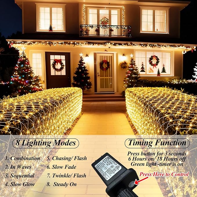 510 LED Christmas Net Lights, 28ft x 5ft Mesh Lights Outdoor Clear Wire 8 modes, Waterproof Connectable String Lights Plug in for Xmas Tree Bushes Garden Holiday Party Decorations - Warm White
