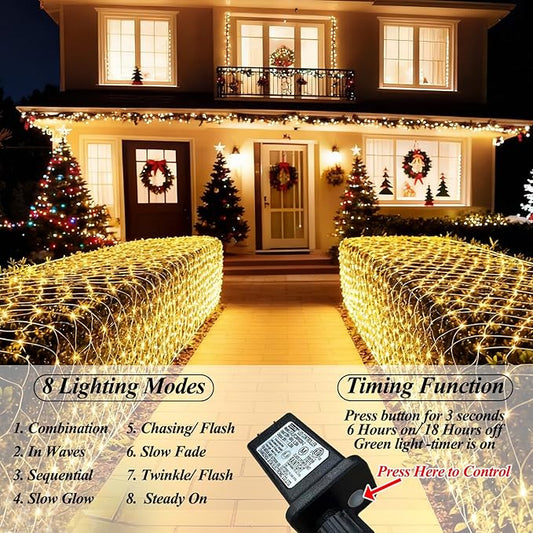 510 LED Christmas Net Lights, 28ft x 5ft Mesh Lights Outdoor Clear Wire 8 modes, Waterproof Connectable String Lights Plug in for Xmas Tree Bushes Garden Holiday Party Decorations - Warm White