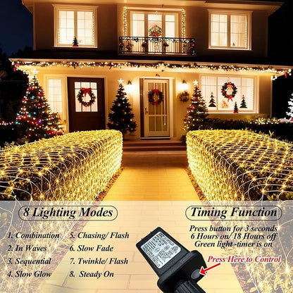 300 LED Net Lights, 14.8ft x 5ft 8 Modes Christmas Outdoor Mesh Lights Connectable, Waterproof Decorative String Lights Plug in for Bushes Xmas Tree Garden Wedding Party (Clear Wire, Warm White)