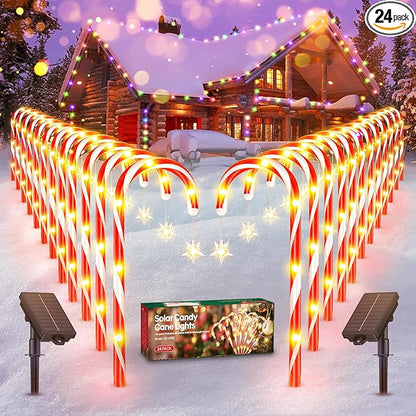 Christmas Decorations Outdoor, 24 Pack Solar Candy Cane Lights Christmas Yard Decorations with 10 Modes and Bright 144 LED, 28ft Longer Waterproof Candy Cane Pathway Lights Xmas Gift