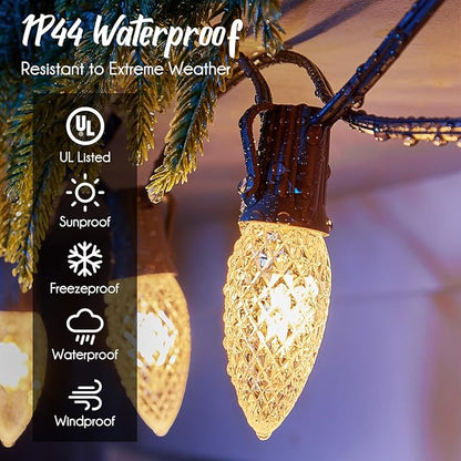 C9 Light Strand, 100 FT Outdoor String Lights Christmas Stringer with 100 Sockets for Christmas Decor Patio, E17 Light Socket, 12 Spacing, Brown Wire