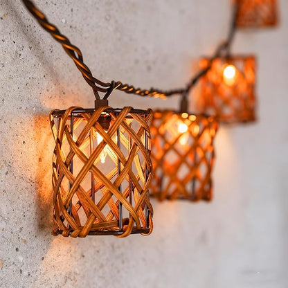Decorative String Lights Plug in with 10 Incandescent Bulbs, Handwoven Rattan Cylinder-shaped Boho Lantern String Lights Connectable Weatherproof Outdoor Indoor for Bedroom Patio Pergola Decor (Brown)