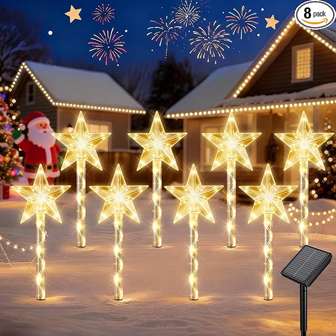 Solar Lights Outdoor Christmas Decorations: 8 Pack 64 Warm White LED Star Pathway Lights - 2025 Upgrade Outside Solar Christmas Decorations with 8 Modes for Yard Garden Porch Lawn Decor