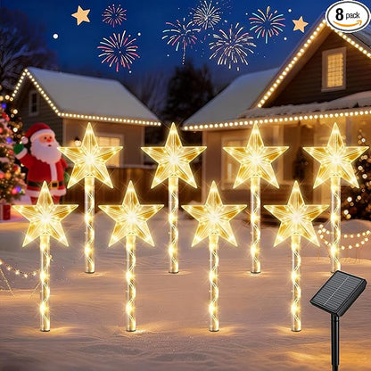 Solar Lights Outdoor Christmas Decorations: 8 Pack 64 Warm White LED Star Pathway Lights - 2025 Upgrade Outside Solar Christmas Decorations with 8 Modes for Yard Garden Porch Lawn Decor
