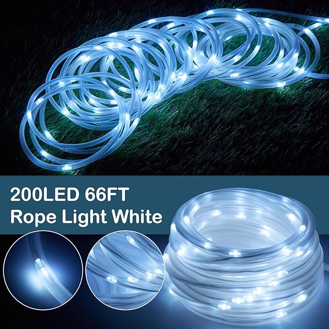 IMAGE 8 Modes Solar Rope Lights Outdoor String Lights 78.7Foot 20M Waterproof 200LED for Indoor Outdoor Garden Party Patio Lawn Decor White Color