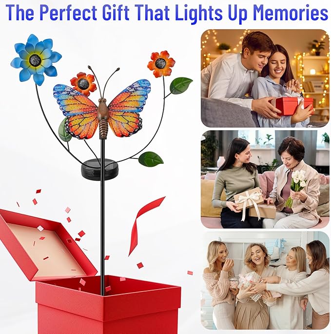 Solar Butterfly Garden Lights, 2 Lighting Modes, Colorful LED with Flower & Butterfly Decor, Waterproof Solar Stake Lights for Garden Yard Patio Lawn Pathway (Yellow)