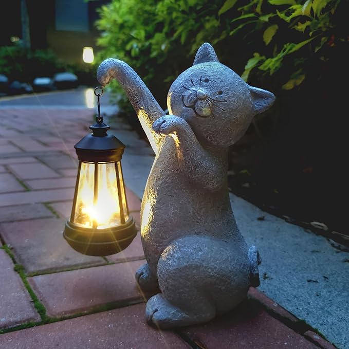 Cat Solar Garden Statues,Resin Cat Figurine Decorations with Solar Lights Lantern, Outdoor Figurines Lawn Cats | Lumora