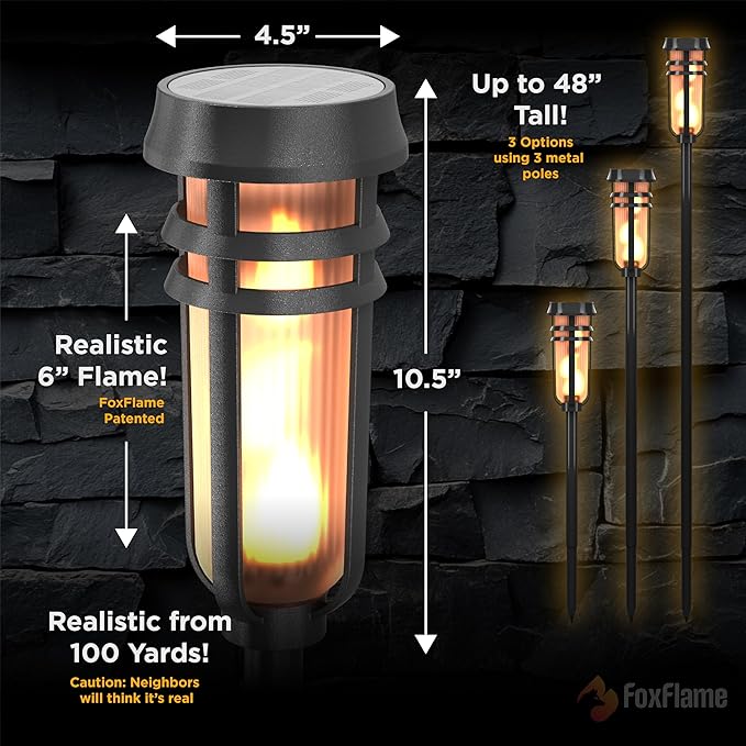 Metal Solar Torch Lights - Adjustable Height (24" - 50"), Outdoor Garden Decor with Patented LED, Waterproof Solar Tiki Torches for Yard, Patio, Garden Pathway, Matte Black – 4 Pack