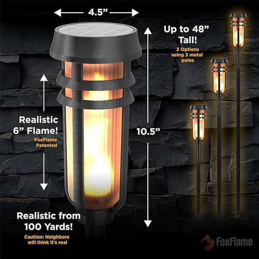 Metal Solar Torch Lights - Adjustable Height (24" - 50"), Outdoor Garden Decor with Patented LED, Waterproof Solar Tiki Torches for Yard, Patio, Garden Pathway, Matte Black – 4 Pack
