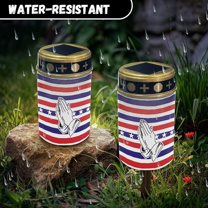Waterproof American Flag Solar Lights Outdoor Solar Garden Light Prayer Print Landscape Path Light LED Solar Lights Outdoor for Yard Lawn Memorial Cemetery Solar Light for Grave