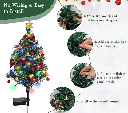 2 Set Solar Christmas Tree Lights Decorations Outdoor Waterproof, 40 LED Lights Christmas Solar Stake Lights Cemetery Christmas Tree for Grave Pathway Outside Garden Yard Lawn