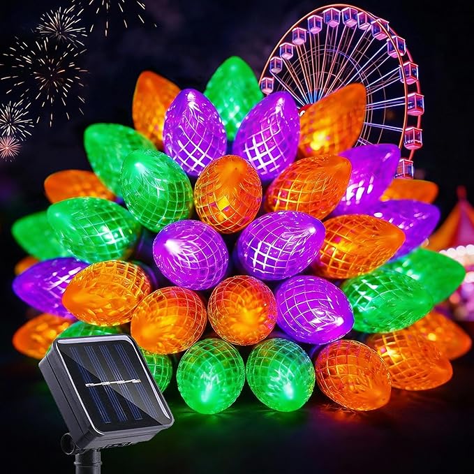 Mardi Gras String Lights C7 50L Halloween Solar Lights Outdoor Yellow Green Purple Light Outdoor Lighting with 8 Modes for Mardi Gras Party Patio Garden Tree Yard
