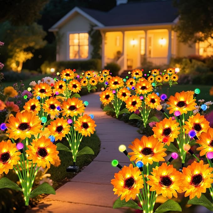 Solar Garden Lights-4 Pack Solar Sunflowers with Multicolor Changing Swaying Firefly Lights,Gifts for Mom Women Mothers Day Birthday,Waterproof Firefly Sunflower Light for Outdoor Patio Yard Decor