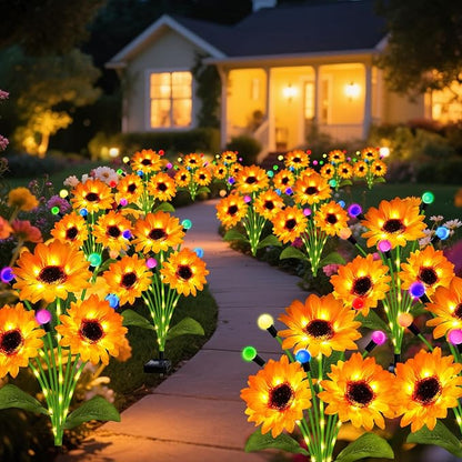 Solar Garden Lights-4 Pack Solar Sunflowers with Multicolor Changing Swaying Firefly Lights,Gifts for Mom Women Mothers Day Birthday,Waterproof Firefly Sunflower Light for Outdoor Patio Yard Decor