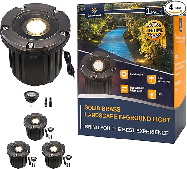 Gardenreet Brass Outdoor Low Voltage Well Lights - 12V LED In-Ground Lighting, Replaceable Bulb Flush Fixture | Lumora