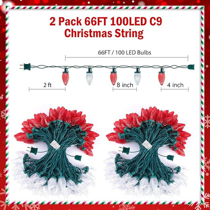 Brightown C9 LED Christmas String Lights, 2 Pack Total 132ft 200LED Outdoor Lights String, Plug-in Connectable Waterproof Roofline Lights String for Outside Yard Christmas Holiday Decor, Red and White