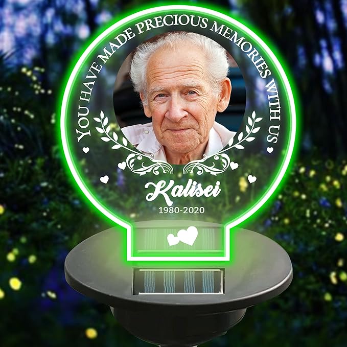 Personalized Memorial Garden Solar Outdoor Lights with Photo Name Custom Grave Decor Solar Lights for Sympathy Gifts for Loss of Loved One in Loving Memory Memorial Gift (A-Round -2)