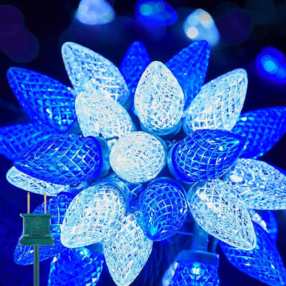 Brightown C9 LED Christmas String Lights, 66ft 100 LED Waterproof Strawberry String Lights, Plug-in Extendable Green Wire Lights String for Outdoor Outside Patio Party Decoration, Blue and White