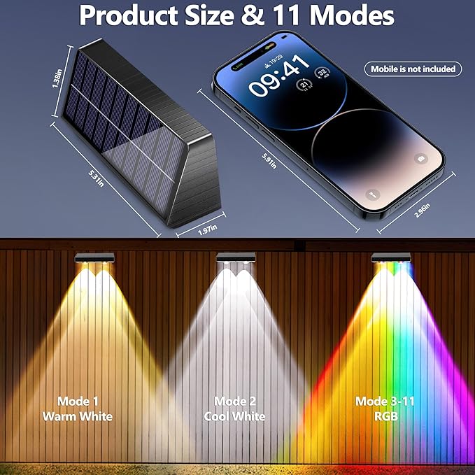 BrizLabs Fence Solar Lights Outdoor, 8 Pack 9 Colors & 11 Modes Color Changing Deck Lights, 250lm Warm White Fence Deck Lighting IP65 Waterproof Solar Wall Light for Outside Backyard Stair Railing