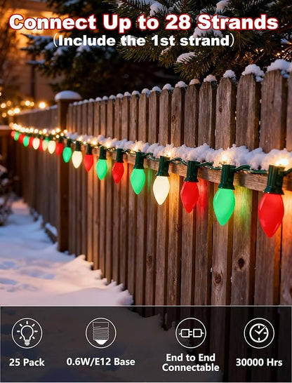 C7 LED Christmas Lights Outdoor - 25ft Red White and Green String Lights With 27 Ceramic Bulbs(2 Spare), Waterproof Commercial Grade Extendable for Indoor Outdoor Roofline Patio Yard Xmas Decor