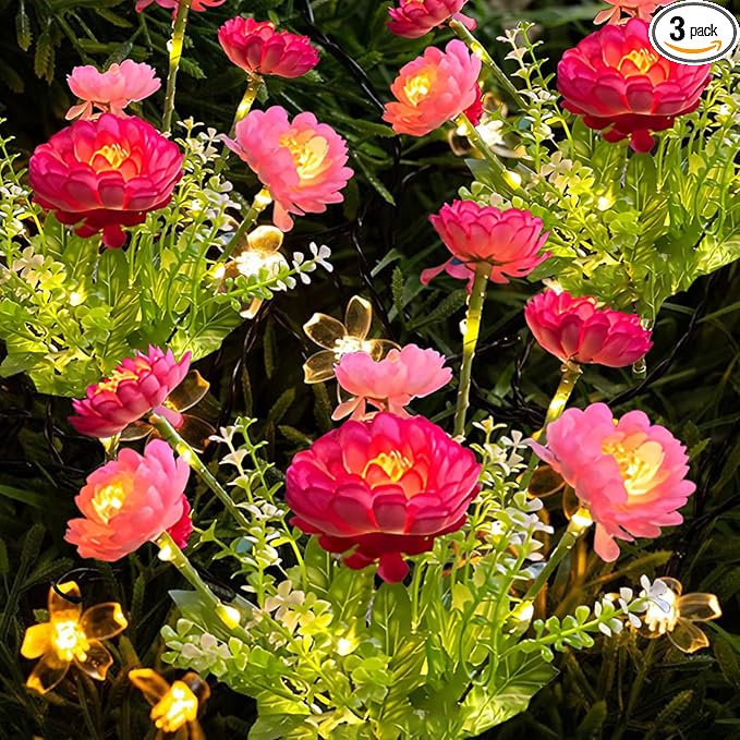 3-Pack Solar Garden Lights – 21 Solar Snow Lotus Flowers, Waterproof Auto On/Off Pathway Lights for Yard, Walkway, Patio & Cemetery Decor (Pink)