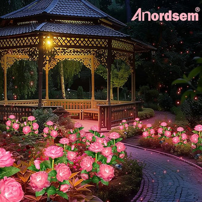 Anordsem Solar Garden Lights Outdoor: 10 Artificial Fabric Pink Roses Flowers 2 Pack- LED Flower Decorations for Cemetery Grave Pathway Yard- Birthday Gifts for Women, Wife and Mother