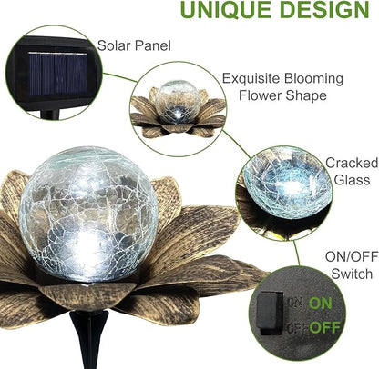 LEWIS&WAYNE Solar Garden Lights Outdoor, 3 Pcs Coppery Lotus Flower Pathway Lamps with Cool White Crackle Glass Globe Led Lights for Patio Pathway Yard Balcony Garden Decorations