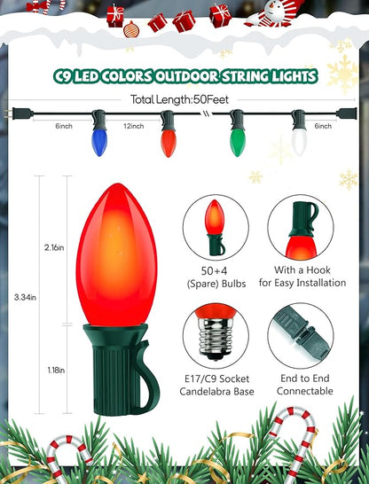 C9 LED Multicolor Christmas Lights, 50FT Outdoor String Lights with 54 Ceramic Bulbs (4 Spare), Waterproof Retro Christmas Lights Decor for Xmas Tree, Roof, Porch, Backyard, Indoor Outdoor Party