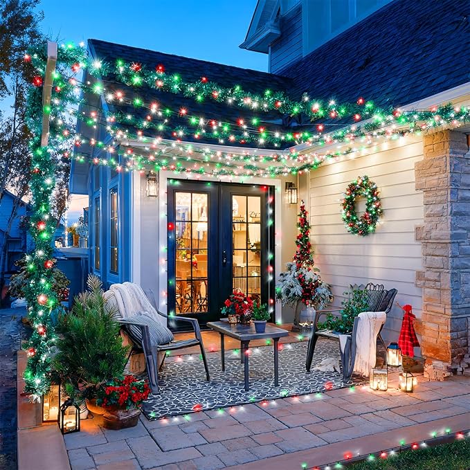 JMEXSUSS 400 LED Red White and Green Christmas Lights, 132ft Christmas Tree Lights with Remote, Outdoor Indoor String Light Plug in for Tree Patio House Yard Bush Decor