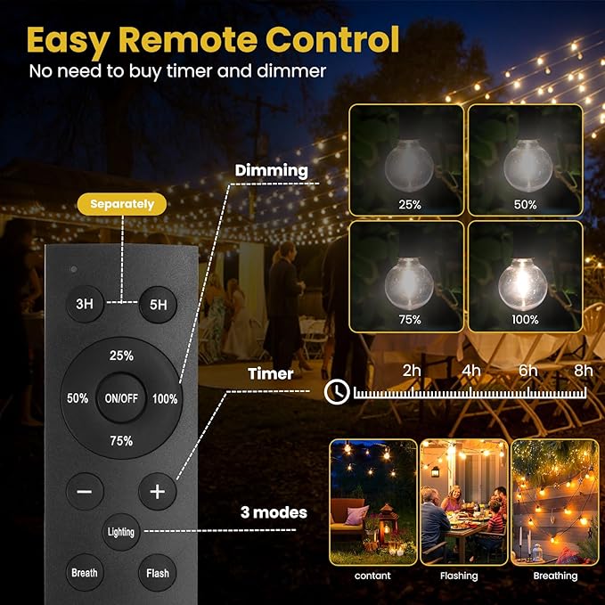 100FT Solar String Lights Outdoor Waterproof with Remote, G40 Solar Powered String Lights with 30+2 LED | Lumora