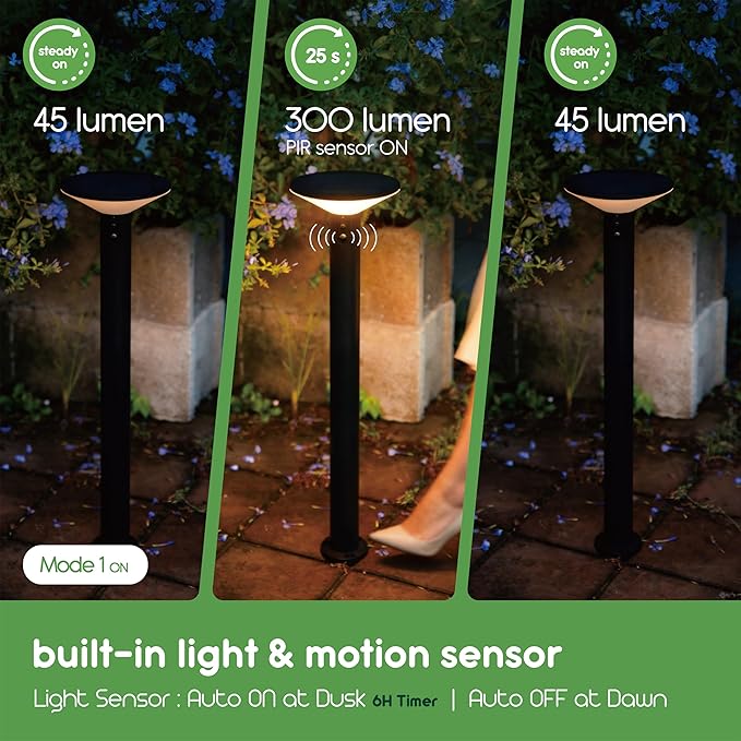 23.5" Solar Pathway Lights - Walkway Solar Lights for Outside - PIR Sensor & Three Lighting Modes - Rechargeable Battery Lasts Up to 35 Hours - 2700K - IP44 Weather Resistant - 2 Pack