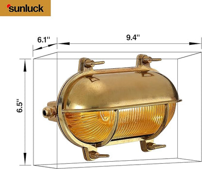 Sunluck Brass Nautical Bulkhead Light,Grid Oval Wall Light,Brass Half Cover Lampshade,Ceiling Mount Light,Waterproof IP65,Rust Resistant,for Wet Location Bath,Seaside,Ship,Basement