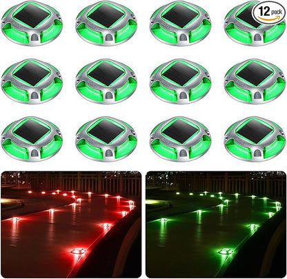 AGPTEK Solar Driveway Lights Outdoor 12 Pack, 2 Color Modes LED Deck Dock Marine Waterproof Security Marker Lights for Step Sidewalk Stair Garden Pathway Walkway Yard(Green/Red)
