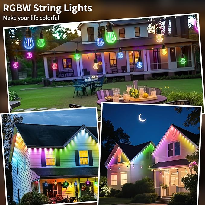 50FT Outdoor String Lights, Outdoor Lights for Patio,with 24+2 LED RGBW Color Change,3000K Bright White Waterproof Bulbs, Dimmer & Remote, Customized 12 Colors & 4 Modes, for Backyard Decor