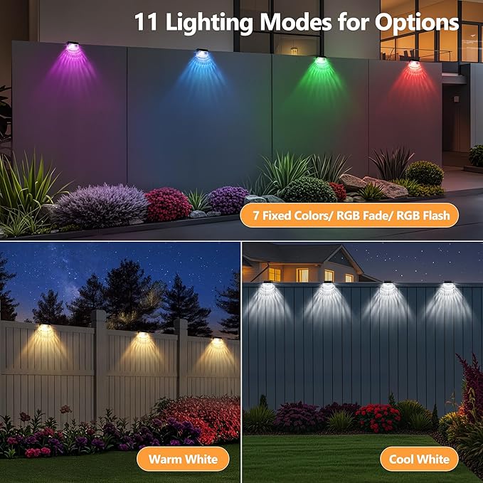 BrizLabs Solar Fence Lights, 12 Pack RGB & Warm White & 11 Colors Changing LED Solar Deck Lights with IP65 Waterproof, Outdoor Step Light Patio Fence Lighting for Patio Yard Pool Railing Garden Fence