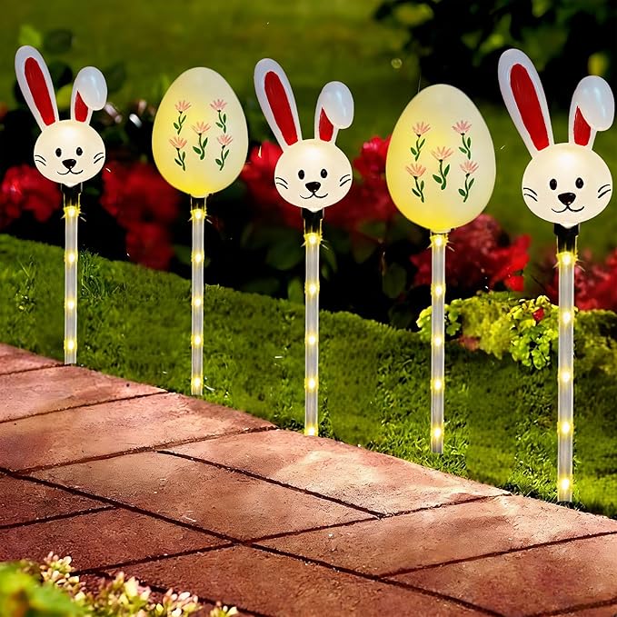 Solar Easter Pathway Lights - 5 Pack Bunny Egg Light Outdoor Solar Powered Path Lights with 8 Lighting Modes, Waterproof Garden Stake for Easter, Housewarming Gifts & Outdoor Decor