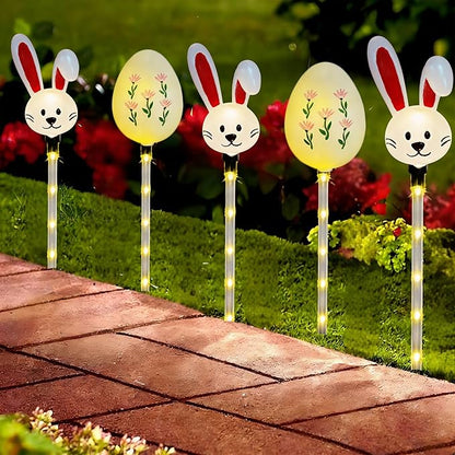 Solar Easter Pathway Lights - 5 Pack Bunny Egg Light Outdoor Solar Powered Path Lights with 8 Lighting Modes, Waterproof Garden Stake for Easter, Housewarming Gifts & Outdoor Decor