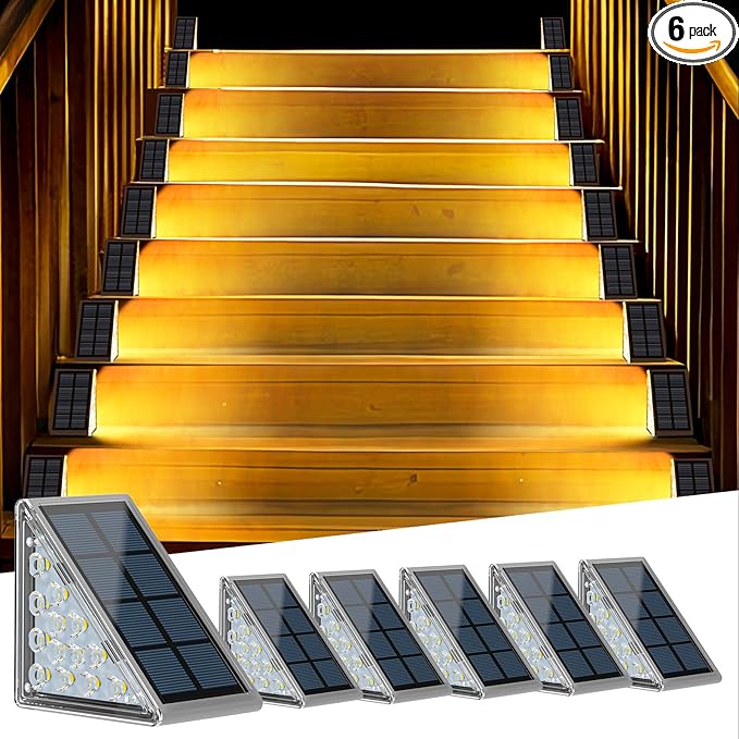 Solar Step Lights for Outside, 6 Pack Outdoor Waterproof IP67 Stair Lights, Powered for Front Porch, Pathway, Patio, Deck Decor, 3000K Warm White