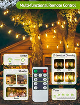 144FT(3x48FT) Solar Outdoor String Lights with Remote & Timer, Waterproof Dimmable Patio Lights with 45+3 ST38 LED | Lumora