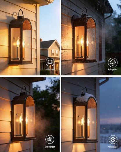 Outdoor Wall Light Fixtures, 2-Light Porch Lights Outdoor, Matte Bronze Exterior Waterproof Wall Sconce with Glass Shade, Outside Lantern for House Garage Doorway Patio Entryway, E12 Socket