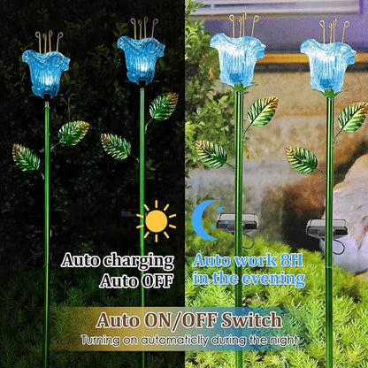 Garden Solar Stake Lights Outdoor, 2 Pack Solar Powered Metal Stake Lights with Blue Bell Glass Lily LED Decorative Garden Lights for Walkway,Pathway,Lawn, Courtyard
