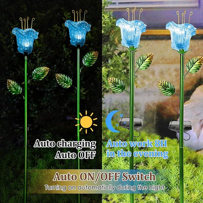 Solar Lights Outdoor Decorative Flowers 2 Pack, Blue Glass Lily Flower Lights, Auto ON/OFF for Garden, Patio, Backyard