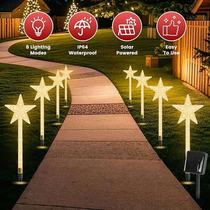 Solar Christmas Decorations Outdoor-8 Pack 64 Warm White LED Star Pathway Lights with 8 Modes IP64 Waterproof Xmas Decoration for Garden Patio Yard Porch Driveway