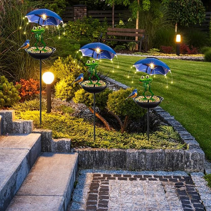 Solar Bird Feeder Frog Garden Decor, Outdoor Solar-Lights Frog Figurine Lights with Umbrella, Hummingbird-Feeder Decorative Path Lights Gardening Gifts for Women, Yard Art Ornament Bird Feeder Blue