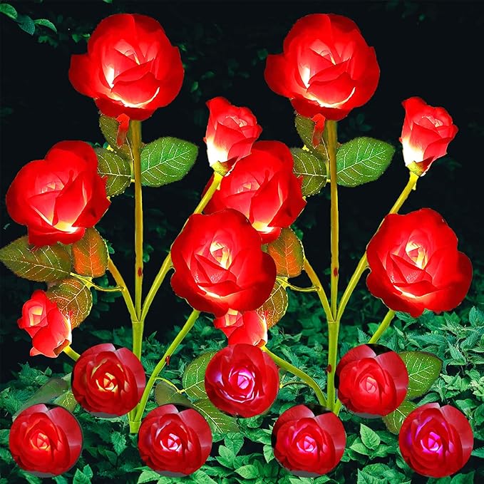 ANGMLN 2 Pack Solar Garden Lights Valentine's Day Decoration, Solar Flower Lights Outdoor Waterproof with 10 Head Red Rose 7-Color Changing Landscape Light for Pathway Garden Patio Yard