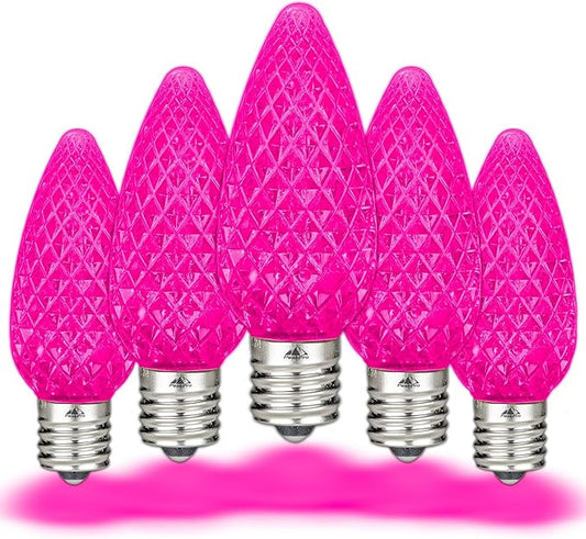 Novelty Lights 25PK C9 LED Faceted Ultra Bright Dimmable Outdoor Christmas Light Replacement Bulbs, String Lights (Pink)